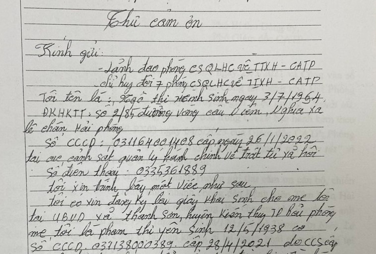 Người dân gửi Thư cảm ơn Đội 7, Phòng Cảnh sát QLHC về TTXH